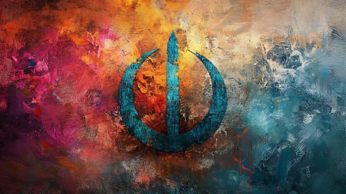 Abstract blue emblem over textured warm cool field.