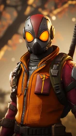 Armored sci fi ranger with glowing visor in autumn light.