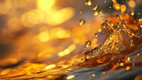 Golden liquid splash forms sharp droplets and curved waves
