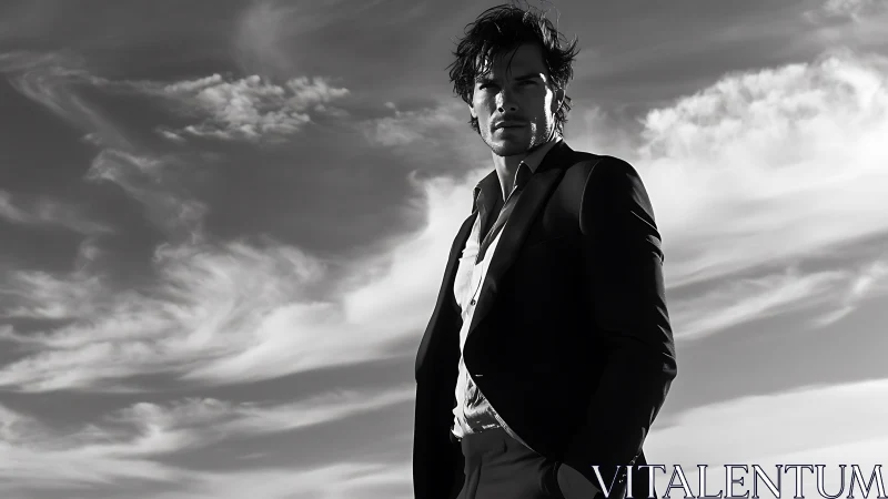 Brooding suited man dominates windswept monochrome sky.