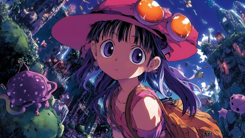 Young explorer surveys bioluminescent cliff city at night