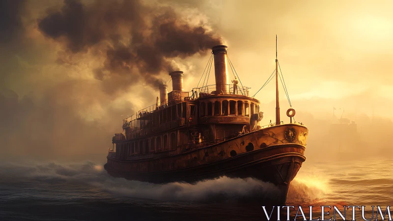 Steamship carves molten sunrise while smoke crowns the sky