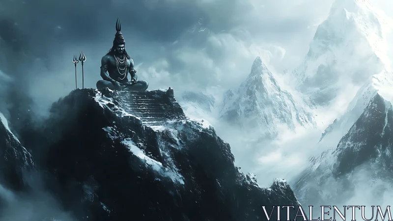 Colossal Shiva statue on icy Himalayan peak in stormy haze