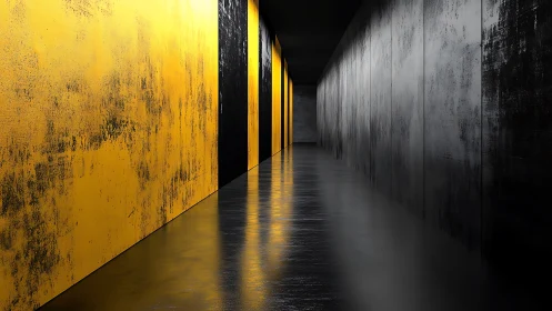 Long industrial corridor with yellow and black textured walls.