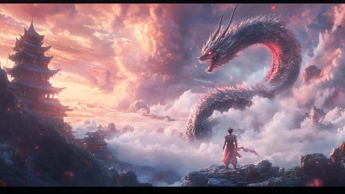 Stormbound dragon coils above temple peaks in burning dawn.