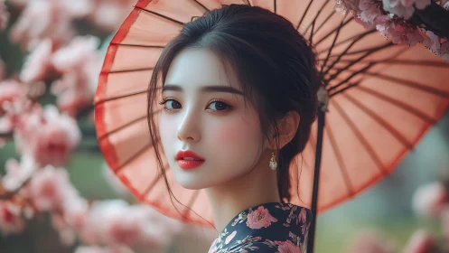 Gentle spring gaze meets soft petals and a quiet umbrella