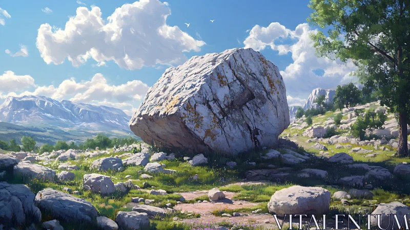 Large weathered boulder occupies central alpine grassland scene
