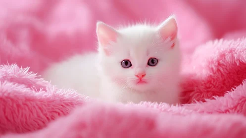White Kitten Portrait Among Pink Fur Textures.