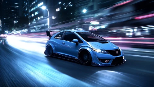 Neon blue street racer car carves light through midnight city