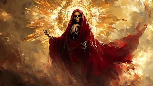 Skeletal reaper in radiant aureole, chromatic chaos rendered.