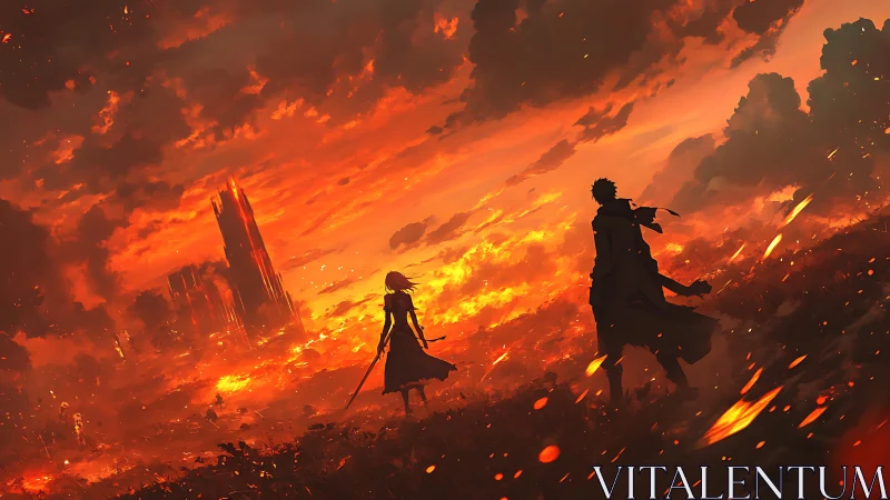 Two figures stand before burning landscape at sunset
