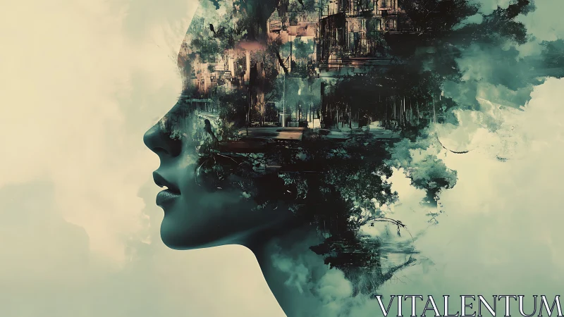 Silhouetted human profile merged with abstract urban landscape.