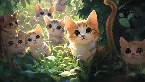 Six-Eyed Feline Chorus Emerges From Verdant Wild.