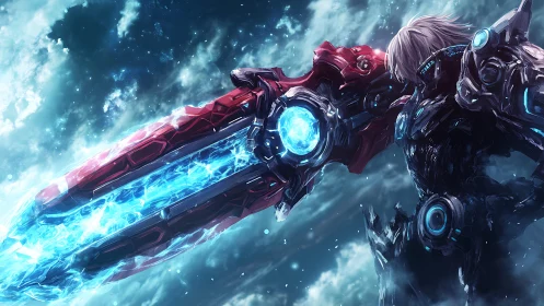 Cybernetic warrior raises colossal plasma blade in stormed sky