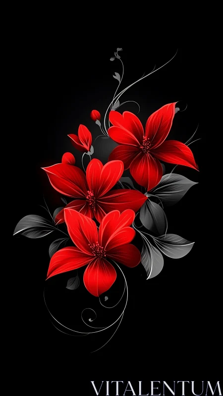 Red Flowers with Gray Leaves on Black Background.