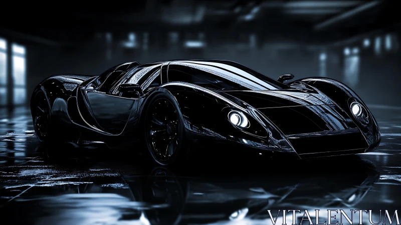 Low-lit black sports car is rendered in a reflective garage