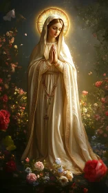 Radiant robed saint in luminous garden of soft flowers.