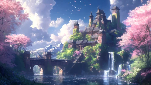 Blossom crowned mountain castle beside whispering waterfalls.