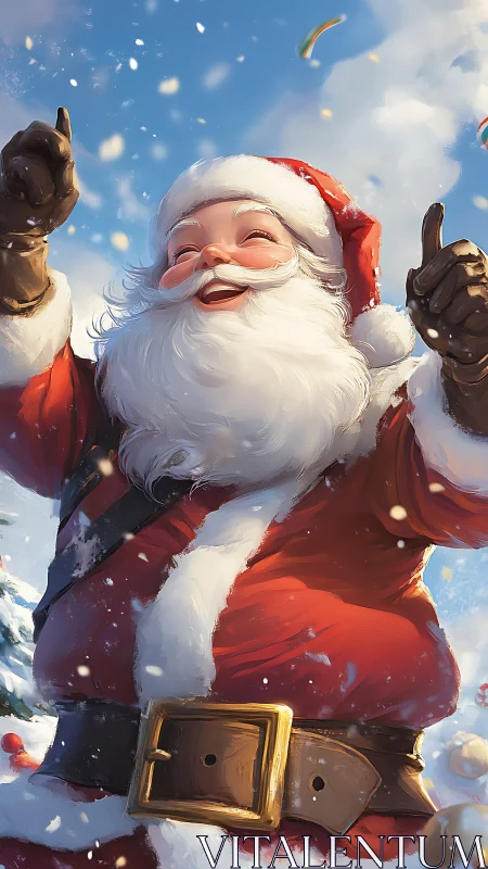 Joyful Santa Claus in snowy festive celebration scene.