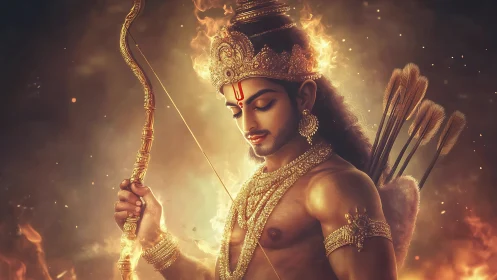 Divine archer deity in radiant golden firelit digital portrait.