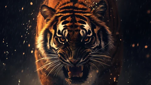 Cinematic low key close up of roaring tiger in rainstorm