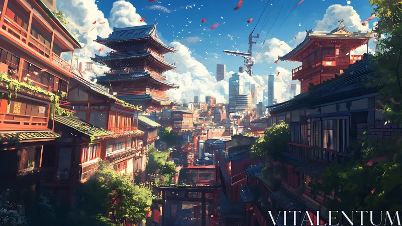 Sunlit hillside city where old pagodas meet new towers.