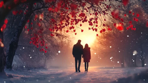 Two silhouetted figures walk through winter landscape under red foliage