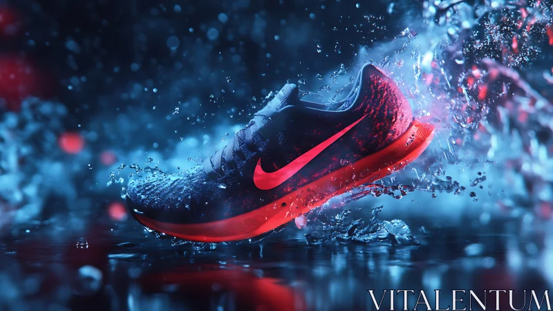 Dynamic red running shoe suspended in cinematic water splash.