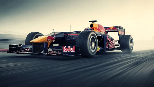 Aerodynamic Formula racing car under high-speed track load.