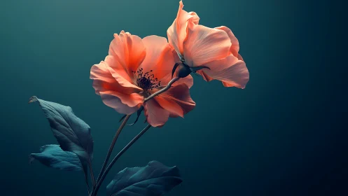 Coral Rose in Teal Harmony: Nature's Glowing Conversation.