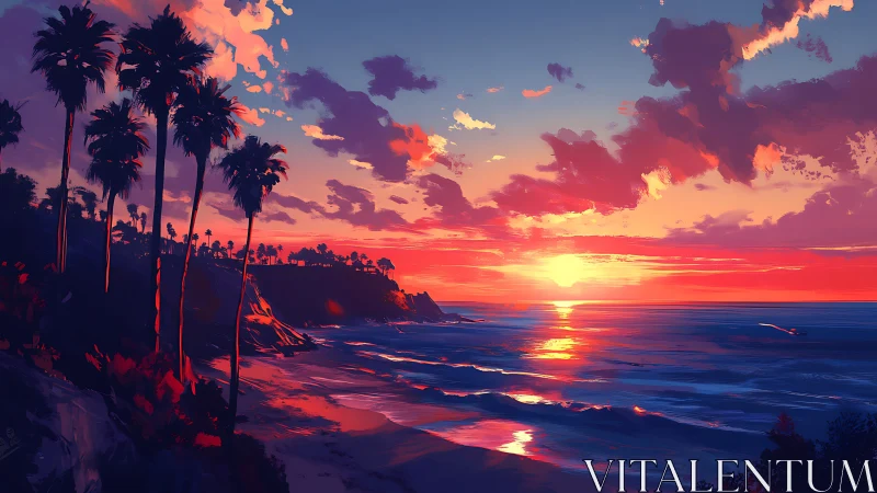 Digital coastal seascape with sunset and silhouetted palms.