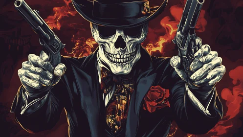 Suit-clad skeletal gunman rendered in high-contrast digital vector art