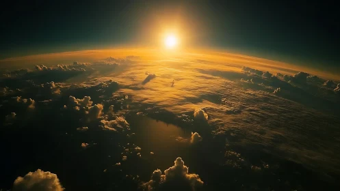 Orbital sunrise bathing cloud tops in molten gold light.