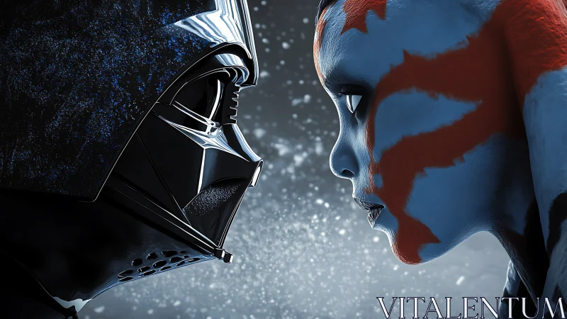 Armored dark figure stares down blue warrior in snow