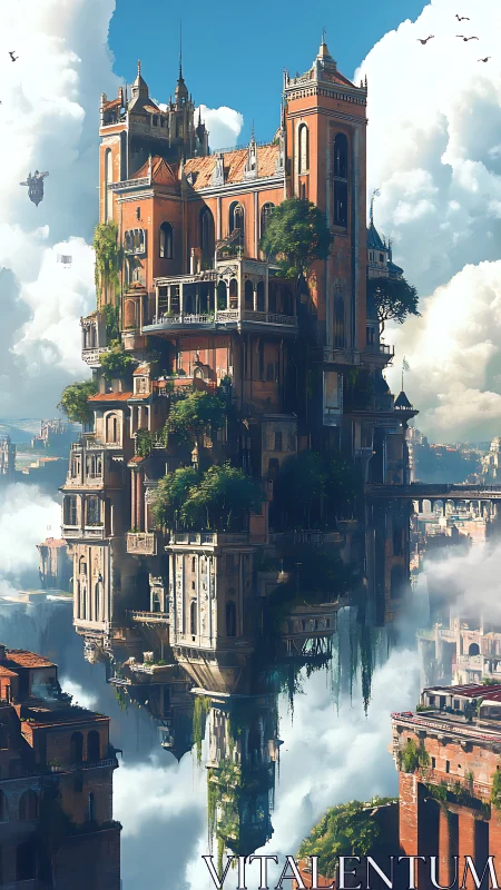 Dreamy skyward citadel floating high above soft clouds.