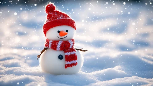 Tiny snowman beams in bright red knits amid drifting snow