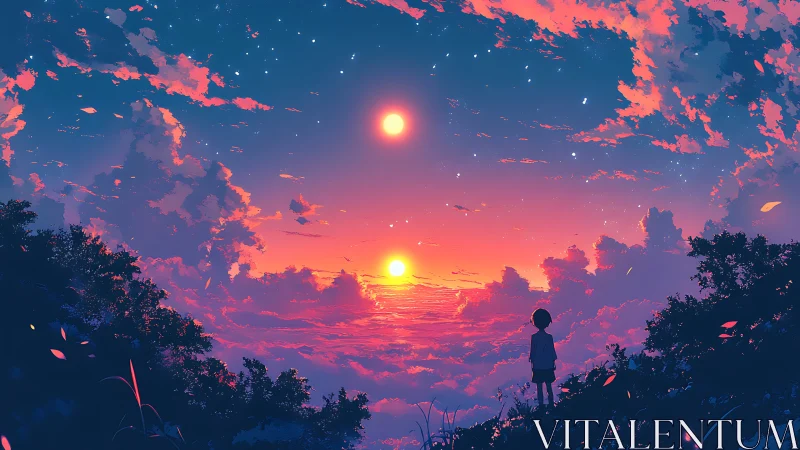 Twin suns drift above a dreaming child at the cloud’s edge.