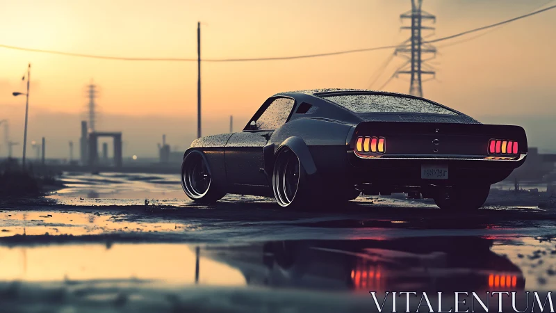 Classic muscle car on wet industrial road at sunset.