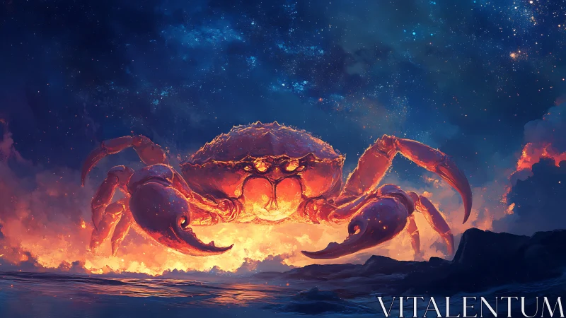Gigantic glowing crab strides through fiery ocean night sky.
