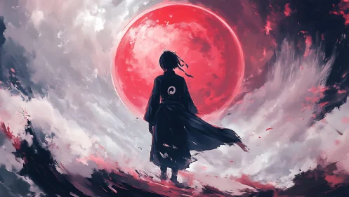 Digital painting of lone warrior before red lunar vortex.