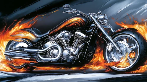 Motorcycle illustration shows stylized chrome cruiser in motion