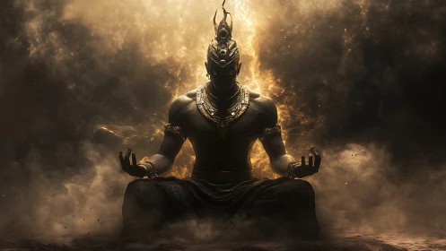 Mythic fireborn deity in meditative suspension amid combusting void.