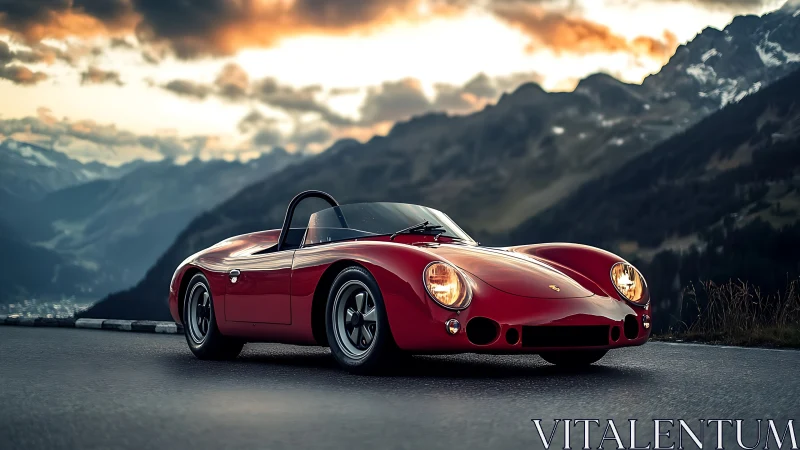 Vintage red sports car glows against dramatic alpine sunset