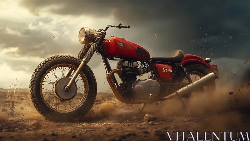 Red vintage motorcycle on dusty open terrain at dusk.