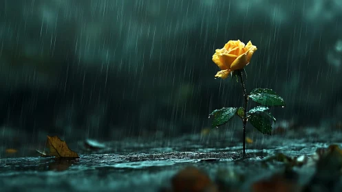 Yellow rose in heavy rainfall on wet asphalt with bokeh depth