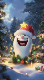 Laughing Christmas ghost glows amid snowy forest lights.