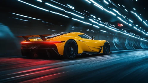 Turbocharged comet car slicing neon through a dark tunnel.