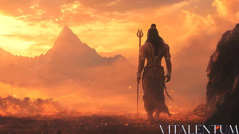 Solitary ascetic surveys incandescent mountain under molten sky