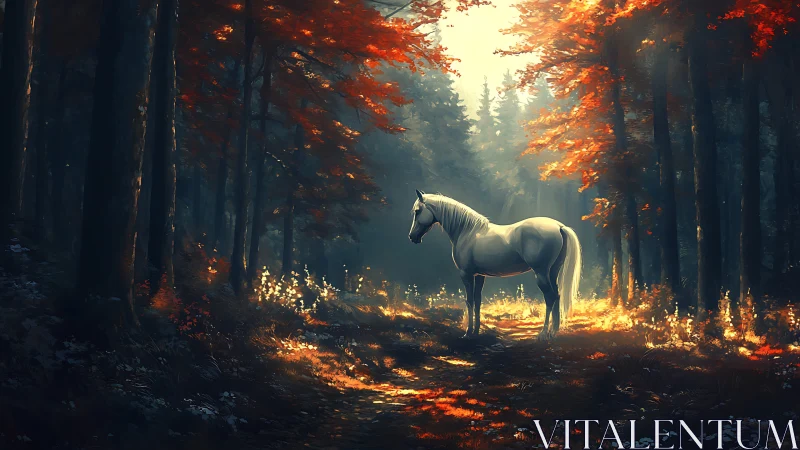 White horse stands in glowing autumn forest clearing.