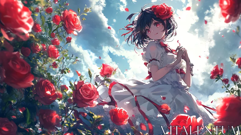 Backlit anime girl in rose garden with dynamic low-angle composition